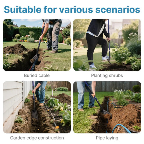 Heavy Duty 4 Inch Trench Shovel With Blue Fiberglass Handle For Narrow Trenching And Digging In Rocky Soil, 56 Inch Professional Grade Tool For Irrigation, Gardening And Landscaping used in various scenarios like cable burying, shrub planting, garden edging, and pipe laying in rocky soil.