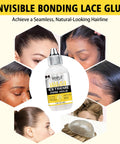 Waterproof Lace Front Wig Glue For A Strong Clear Bond That Delivers Invisible Hold On Hair Replacement For A Natural Look Water Based Adhesive 1.28 Fl Oz bottle with application images showing natural finish.