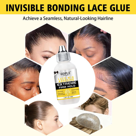 Waterproof Lace Front Wig Glue For A Strong Clear Bond That Delivers Invisible Hold On Hair Replacement For A Natural Look Water Based Adhesive 1.28 Fl Oz bottle with application images showing natural finish.