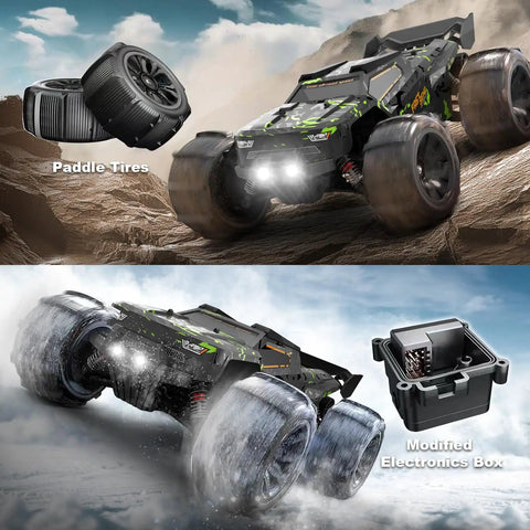 Brushless One Fourteenth Scale RC Truggy For Adults showcasing offroad 4x4 action with paddle tires and modified electronics box
