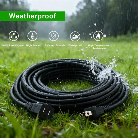 Heavy Duty Waterproof Extension Cord With A Badass 100 Ft Black Flat Cable and Standard Two Prong Plugs on wet grass.