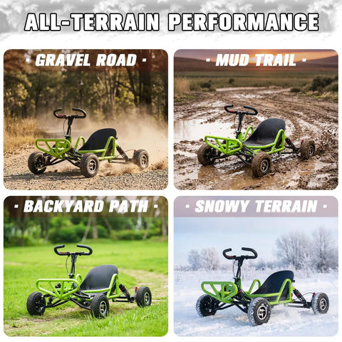 Gas Powered Off Road Go Kart For Adults And Teens with 63cc 2.5HP Engine on different terrains: gravel, mud, grass, snow