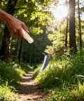 Left Handed Weeding Sickle With Beech Handle, 4.3 Inch Carbon Steel Cutter in hand, garden pathway, ergonomic Japanese style grip