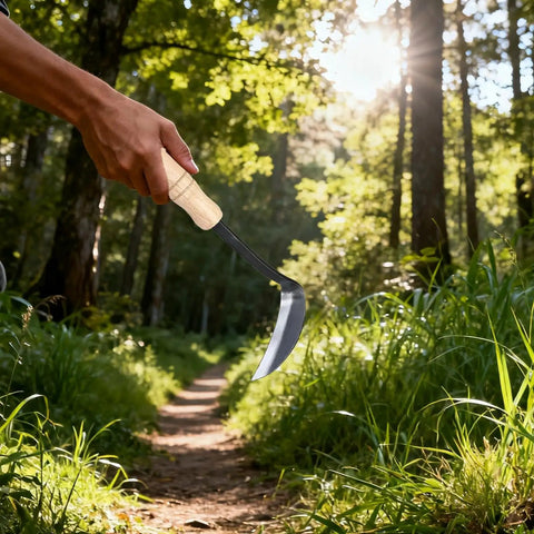Left Handed Weeding Sickle With Beech Handle, 4.3 Inch Carbon Steel Cutter in hand, garden pathway, ergonomic Japanese style grip