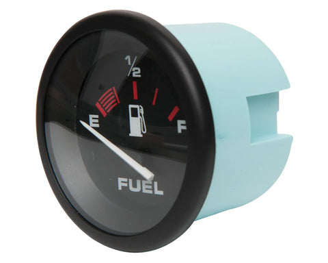 12V DC Boat Fuel Gauge 2 Inch Dash Instrument With Scratch Resistant Curved Glass Lens Black Dial Red Graduations White Numerals Bright White Pointer Model 57902P Amega 2 Inch Marine Gauge, angled view