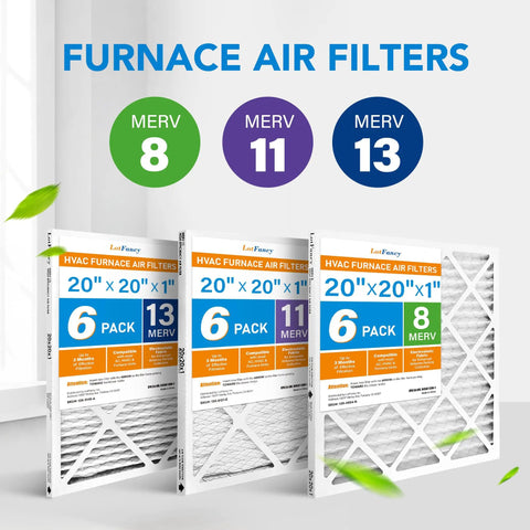 Three packs of 6 MERV 8, 11, 13 air filters for furnace AC; each pack marked 20x20x1; vibrant graphics on white pleated filters.