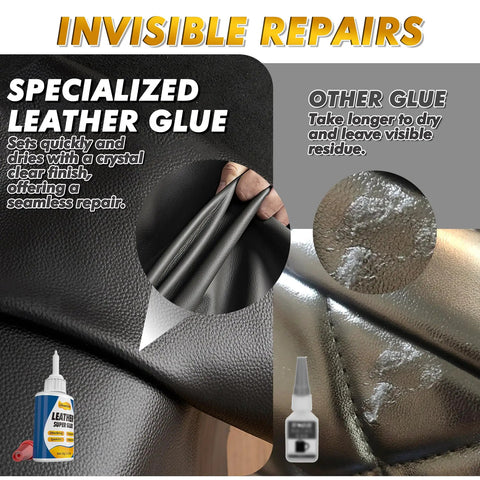 Comparison of Leather Glue 1.23 Oz Ultra Strong Clear Waterproof Adhesive For Leather Repair and a generic glue on leather surface.