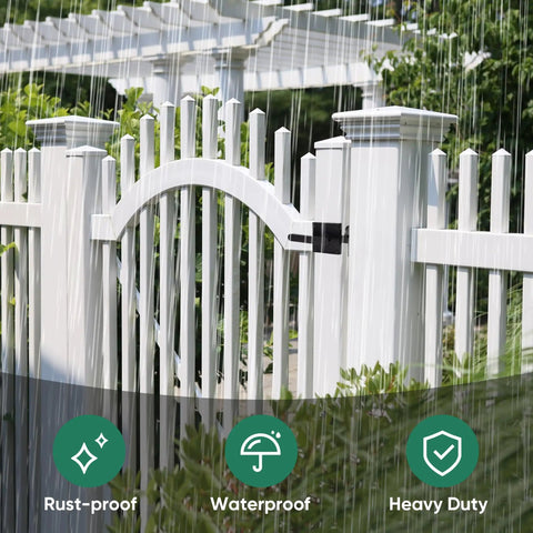 Heavy Duty Left Inswing Gate Latch With Dual Handles And Self Locking Spring Loaded Mechanism Outdoor Fence Hardware For Wooden Gates Pool Gate Backyard And Garden shown on white fence in rain