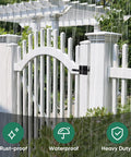Heavy Duty Double Sided Self Locking Gate Latch For Outdoor Fences And Gates Right In Swing Design Built In Spring For Easy Inside Outside Access Black Finish For Wooden Gates Pool Gate Backyard And Garden on rainy white fence