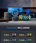 Front view of SATC 4-1/2 in flap discs for angle grinder; blue box, 20 discs, 40/60/80/120 grit.