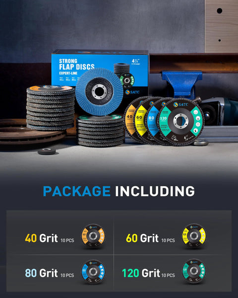 Front view of SATC 4-1/2 in flap discs for angle grinder; blue box, 20 discs, 40/60/80/120 grit.