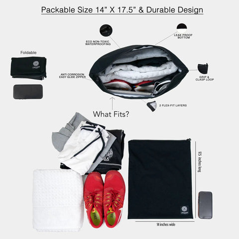 Waterproof Wet Dry Pouch For Sweat Soaked Gear Antimicrobial Odor Control Bag open with clothes, shoes, size 14.5x17 inches