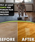 Man applying Rock Solid Polyurethane Floor Sealant For Hardwood And Exterior Decks Ultra Clear Gloss Water Based Non Toxic Varnish 5 Gallon Bucket.
