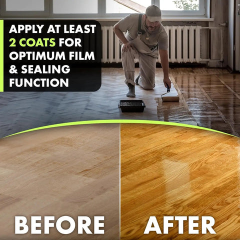 Man applying Rock Solid Polyurethane Floor Sealant For Hardwood And Exterior Decks Ultra Clear Gloss Water Based Non Toxic Varnish 5 Gallon Bucket.