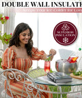 Large Double Wall Stainless Steel Ice Bucket With Lid And Tongs Bpa Free Drink Cooler used at a patio table with drinks.