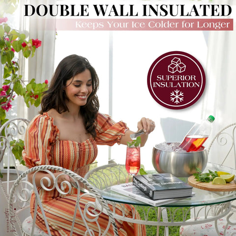 Large Double Wall Stainless Steel Ice Bucket With Lid And Tongs Bpa Free Drink Cooler used at a patio table with drinks.
