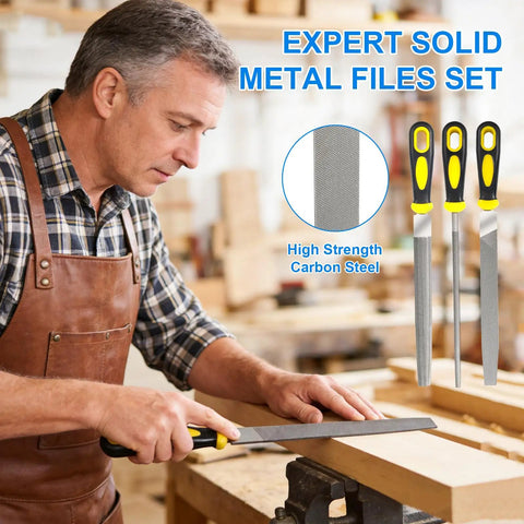 Man using 8 Inch Metal File Set 3 Piece Beast Pro Grade High Carbon Steel Hand Files with Non Slip Rubber Handles in workshop
