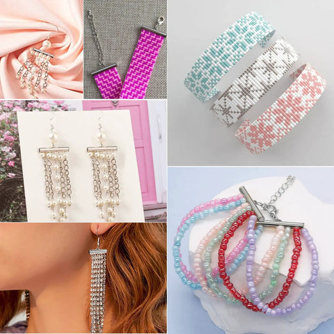 All Size Slider Clasp Jewelry Making Kit with beading tube ends, featuring silver chain earrings and colorful beaded bracelets.