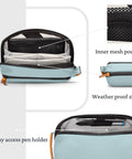 Compact Travel Tech Organizer Bag for cables with leather accents, mesh pocket, dusty teal, shown with pen holder and zipper.