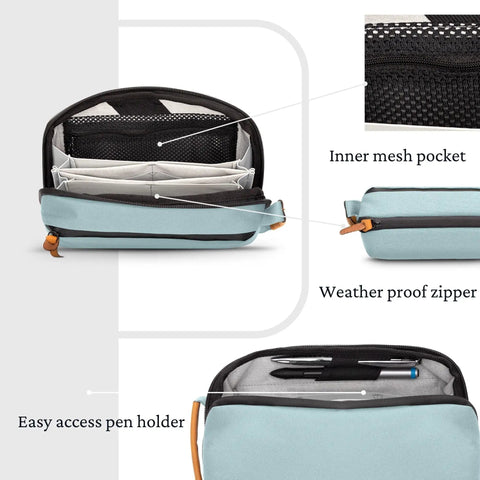 Compact Travel Tech Organizer Bag for cables with leather accents, mesh pocket, dusty teal, shown with pen holder and zipper.