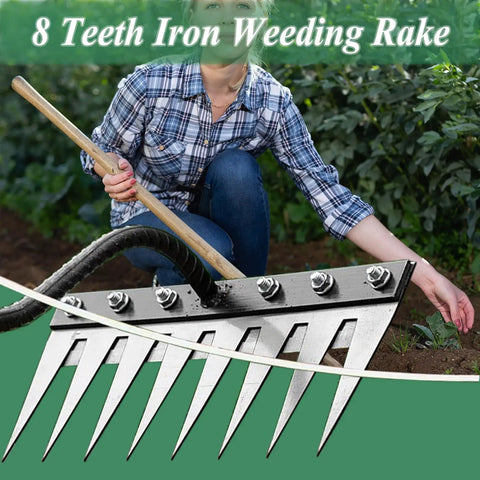 Upgrade Iron Weeding Rake 2.0 With Eight Teeth Manual Weeder for Gardening and Weeding Aids Lawn Dethatching Detachable Garden Tool