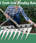 Person using Iron Weeding Rake 2.0 With 8 Teeth Carbon Steel Garden Weeder Tool for dethatching lawns and soil loosening
