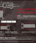 Instructions for determining specifications of 3/8-16 Helicoil Thread Repair Kit with HSS Drill Bit using a caliper to measure thread diameter and pitch.