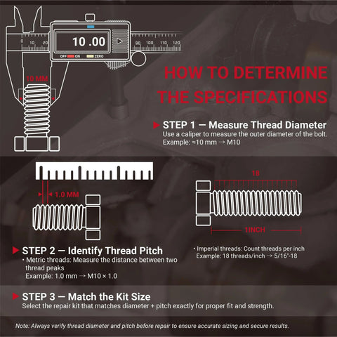 Instructions for determining specifications of 3/8-16 Helicoil Thread Repair Kit with HSS Drill Bit using a caliper to measure thread diameter and pitch.