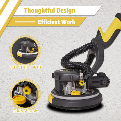 Close-up of Dustless Drywall Sander With Vacuum Dust Collector Pro Grade 6.5 Amp 780W featuring LED light and fixing lock mechanism.