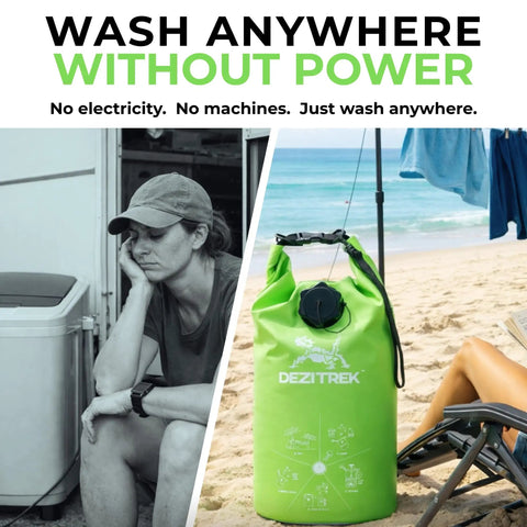 All In One Hand Wash Bag And Plunger Set For Off Grid Camping And Travel, non electric eco friendly manual clothes washer on beach