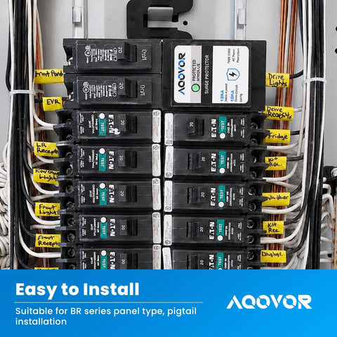 Slick Whole Panel Circuit Breaker Surge Protector Serving 18 Kiloamp Load Across Dual Branch Spaces For Residential Electrical Panels featuring pigtail hookup.