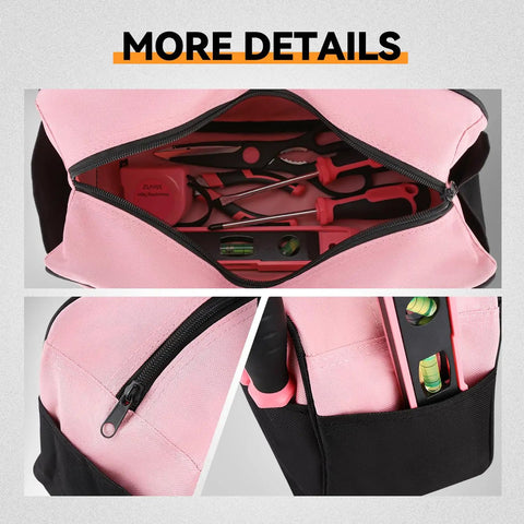 Pink 7 Piece Tool Kit For Home DIY With Screwdriver Pliers Measuring Tape Level Scissors And Wide Open Mouth Canvas Storage Bag