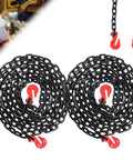 Heavy Duty G80 Grade Transport Binder Chain 3/8 Inch By 20 Feet With Clevis Grab Hooks coiled with red hooks for hauling.
