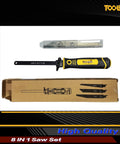 Toolan 8-in-1 multi-blade hand saw set with yellow/black handle and spare blades in a plastic sleeve