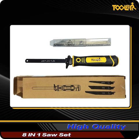 Toolan 8-in-1 multi-blade hand saw set with yellow/black handle and spare blades in a plastic sleeve