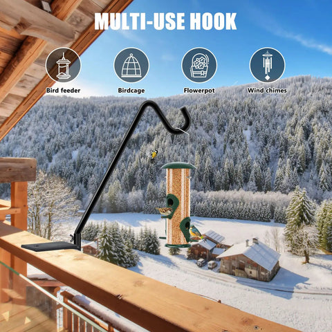 Heavy Duty 14 Inch Deck Hooks 2 Pack Bird Feeder Hangers For Rails Fits 1 To 3 Inch Thick Decks Black Powder Coated Steel Weatherproof Outdoor Bird Feeder Hanger installed on wooden railing with scenic winter background.
