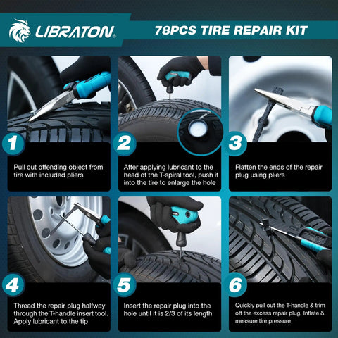 Step-by-step guide for 78 Piece Professional Tire Repair Kit With Heavy Duty Plugs Insertion Wrench Needle Nose Pliers Utility Cutter Tire Pressure Pen And Nitrile Gloves For No Hassle Roadside Flat Fixes And Road Trip Rescue.