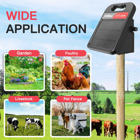 Rechargeable Fence Charger With 0.11J 10 Miles 8100V Max Output Beef Up Your Livestock Yards And Gardens With 24 Hour Uninterrupted Protection From Predators And A Solar Panel In Black