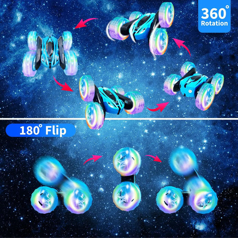 Four Pack Remote Control Cars For Kids Two Point Four GHz RC Stunt Cars With Wheel Lights demonstrating 360-degree rotation and 180-degree flip