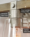 Close-up of 23 Inch 3 Light Farmhouse Vanity Light with clear tapered glass shade and hand-painted bleached oak wood grain metal.