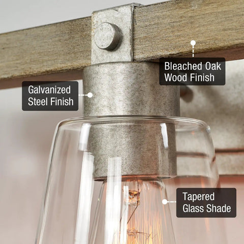 Close-up of 23 Inch 3 Light Farmhouse Vanity Light with clear tapered glass shade and hand-painted bleached oak wood grain metal.