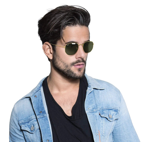 Unisex Hexagonal Flat Lens Sunglasses With Lightweight Gold Metal Frame And G Fifteen Green Lenses 54 mm Medium Fit For Everyday Style