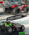 1 18 Scale RC Car 2.4GHz 4WD Beast Monster Truck With Drift Wheel And Gyro in red and green shell modes on rocky terrain