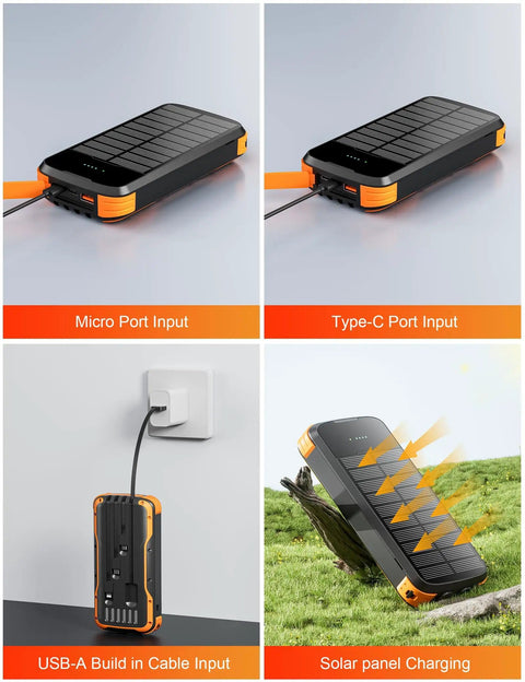 Beast Solar Power Bank 40000mAh Portable Charger With PD 20W Fast Charging Built In 4 Cables USB C In Output External Battery Pack For Camping Outdoor Use With Solar Charger And Built In Flashlight showing charging options and solar panel.