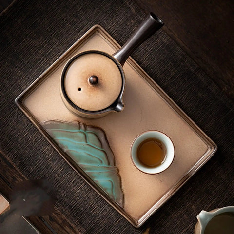 Premium Ceramic Tea Serving Tray For Kung Fu Brewing And Coffee Or Cocktails Ultra Slick Smooth Surfaces with teapot and cup