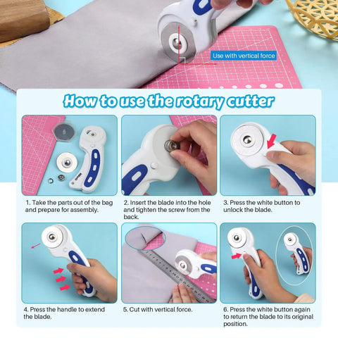Image showing how-to steps for 45mm Rotary Cutter Set With Five Replacement Blades And An A5 Cutting Mat For Fabric Crafting And Sewing