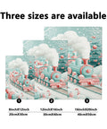 Winter Train Canvas Wall Art In Aqua Red Steam Locomotive Festive Holiday Poster Prints for Living Room and Bedroom, sizes 8x12 12x16 16x20 inches.