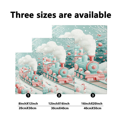 Winter Train Canvas Wall Art In Aqua Red Steam Locomotive Festive Holiday Poster Prints for Living Room and Bedroom, sizes 8x12 12x16 16x20 inches.