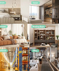Collage of interior spaces including bedroom, closet, apartment, reading room, storehouse, and office settings