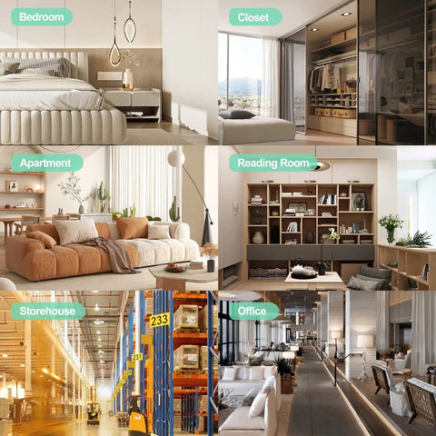 Collage of interior spaces including bedroom, closet, apartment, reading room, storehouse, and office settings